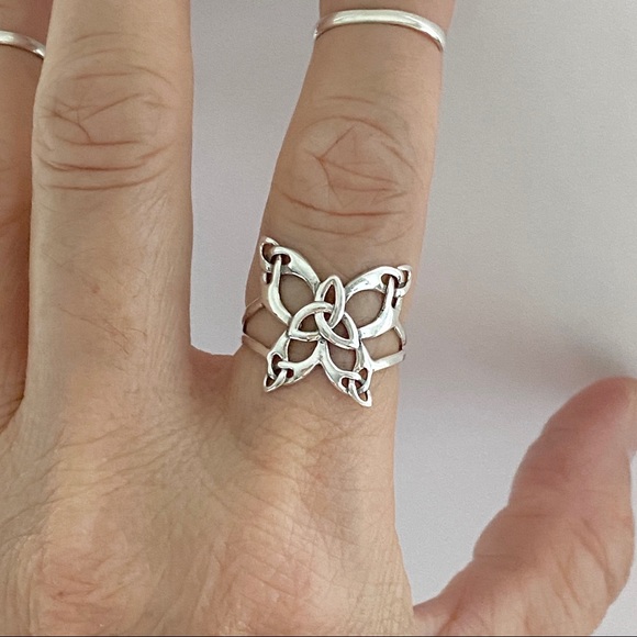 Sterling Silver Thin Celtic Butterfly Ring, Delicate Triquetra Knot Rings - Picture 4 of 12
